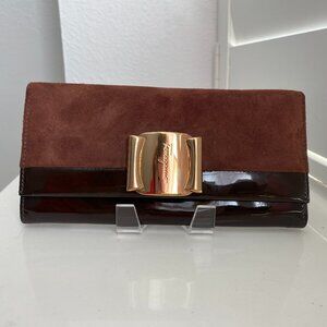 Vintage Salvatore Ferragamo Suede & Patent Leather Long Bifold Gold Hardware